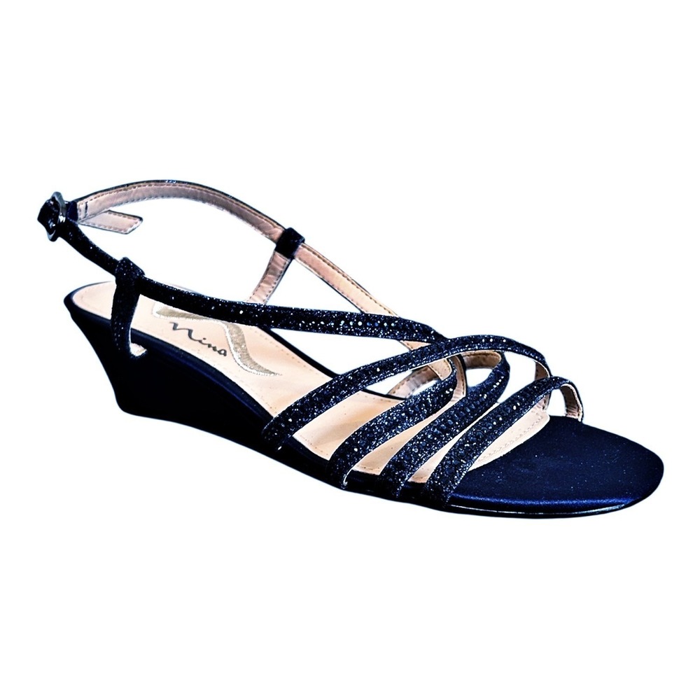 Nina Wedge Sandals 6 Navy Blue Glitter Rhinestone Strappy Prom Formal Wedding